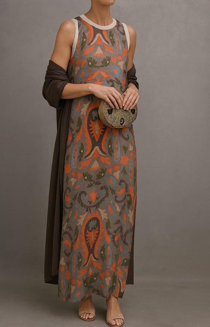 Elina | Long printed dress set with matching cardigan