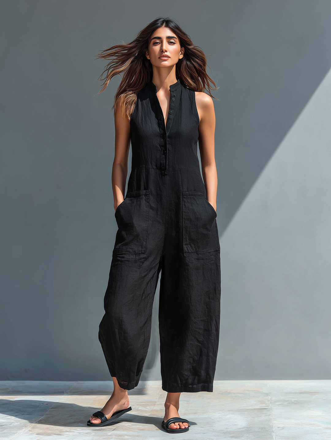 Silvia – Minimalist sleeveless dungarees in a linen blend