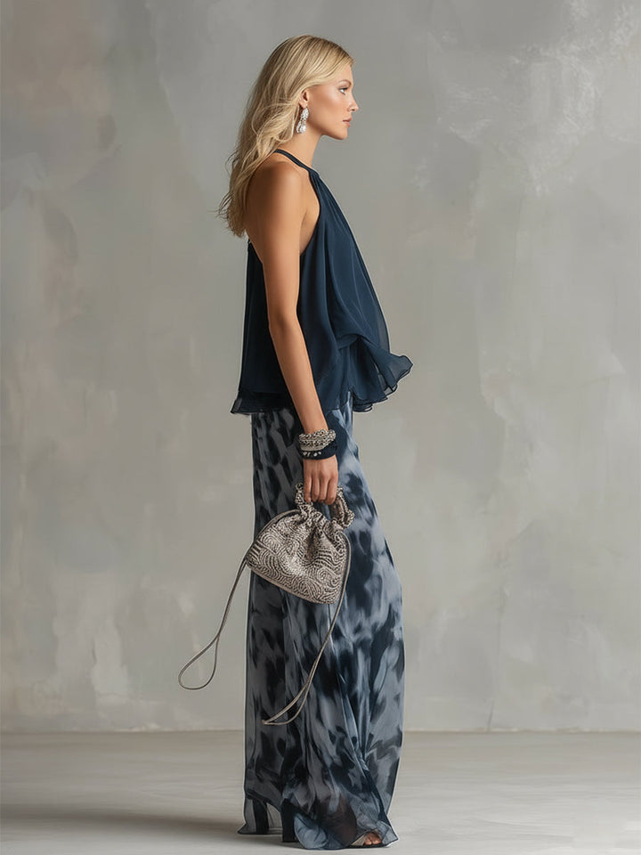 Ludovica – Elegant chiffon set with high-neck top & wide-leg trousers.