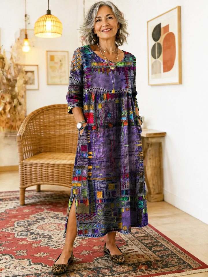 Isabelle | Denim dress with ethnic patchwork