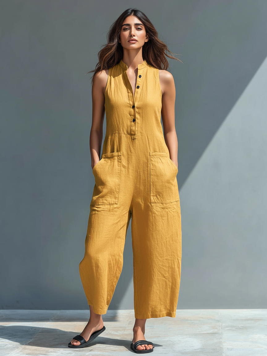 Silvia – Minimalist sleeveless dungarees in a linen blend