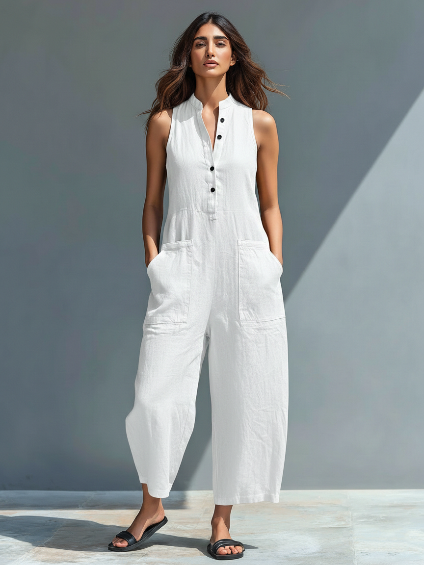 Silvia – Minimalist sleeveless dungarees in a linen blend