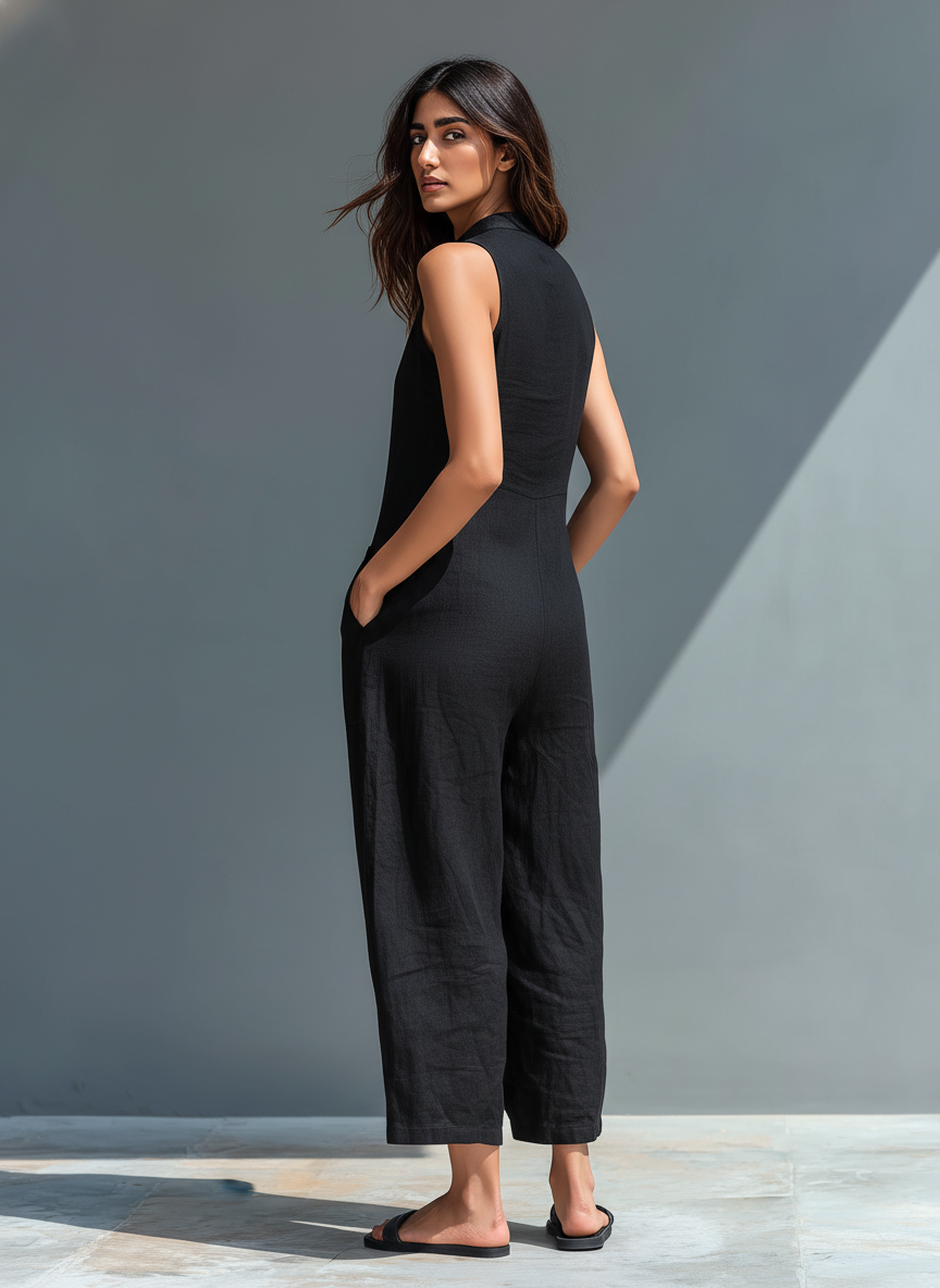 Silvia – Minimalist sleeveless dungarees in a linen blend