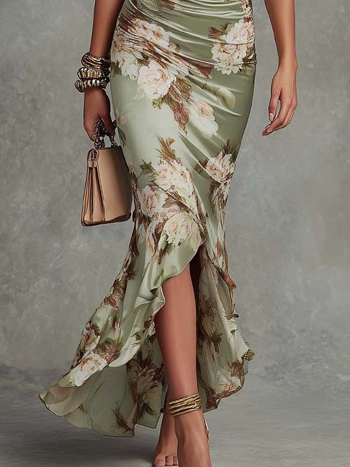 Anastasia | Long satin dress with a floral print