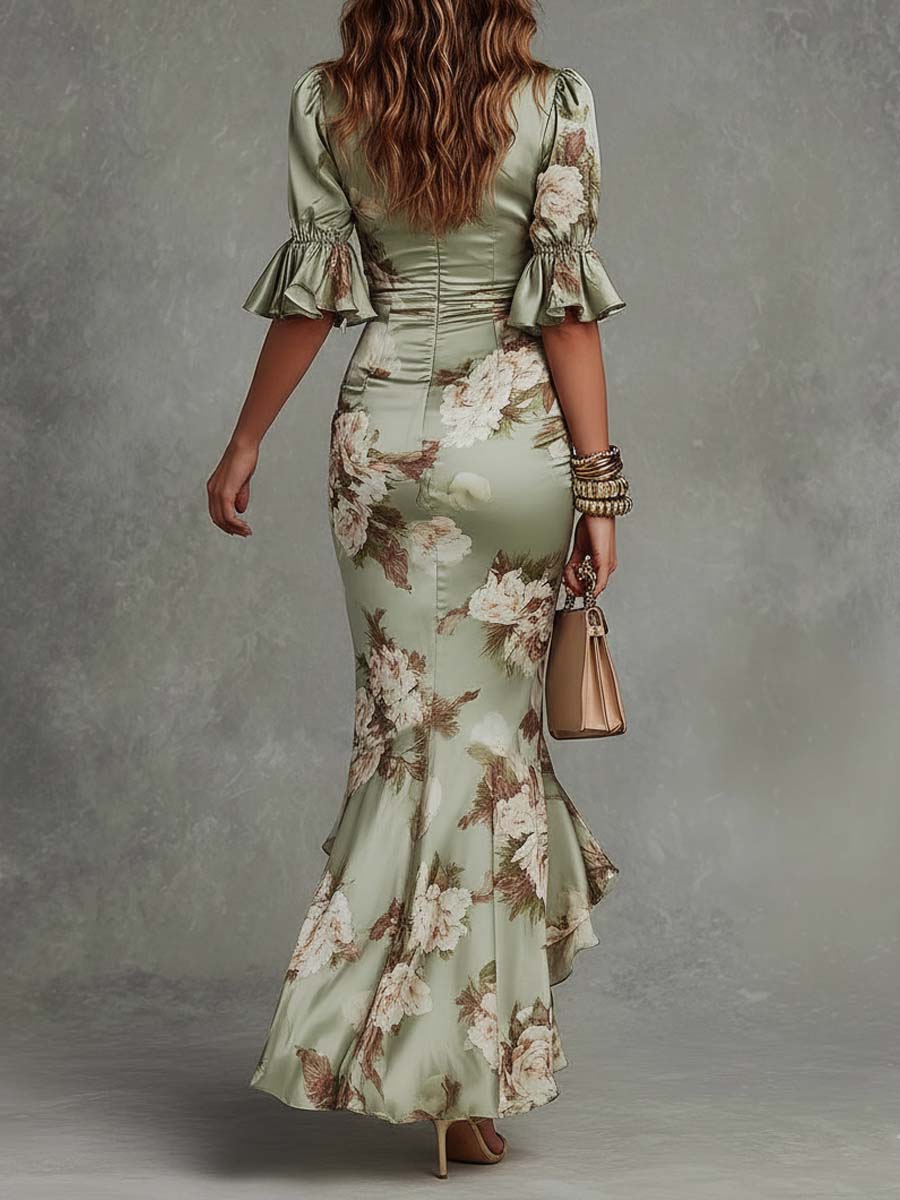 Anastasia | Long satin dress with a floral print