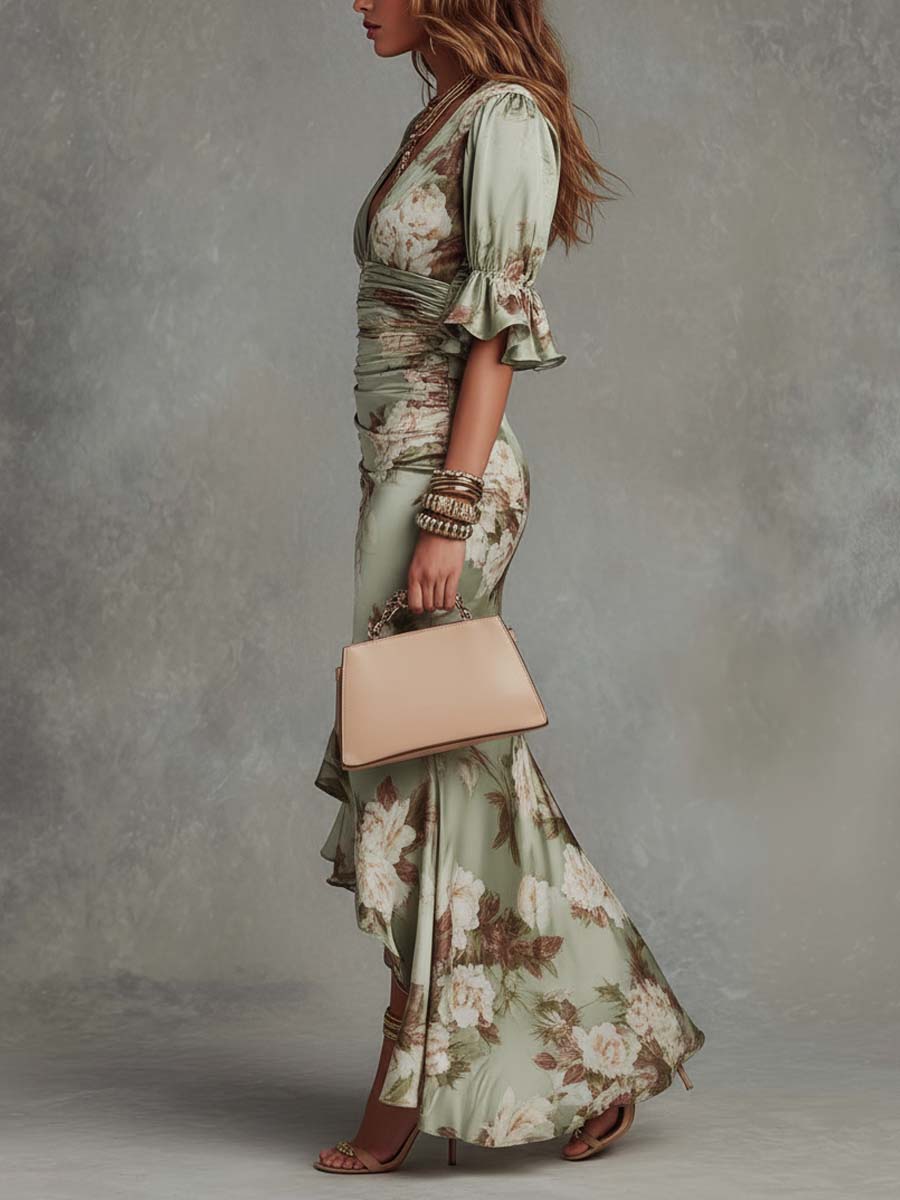 Anastasia | Long satin dress with a floral print