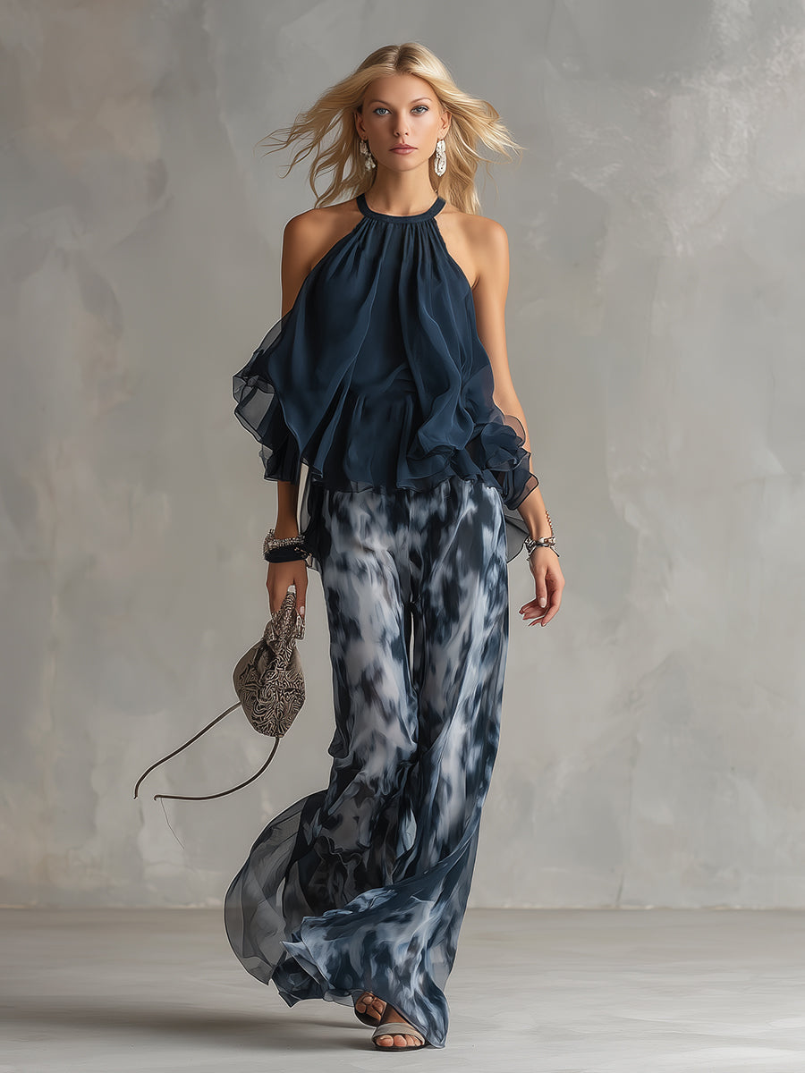 Ludovica – Elegant chiffon set with high-neck top & wide-leg trousers.