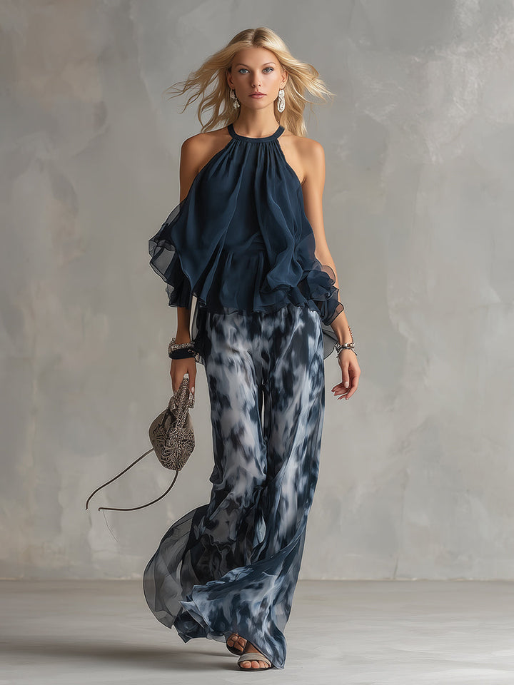Ludovica – Elegant chiffon set with high-neck top & wide-leg trousers.
