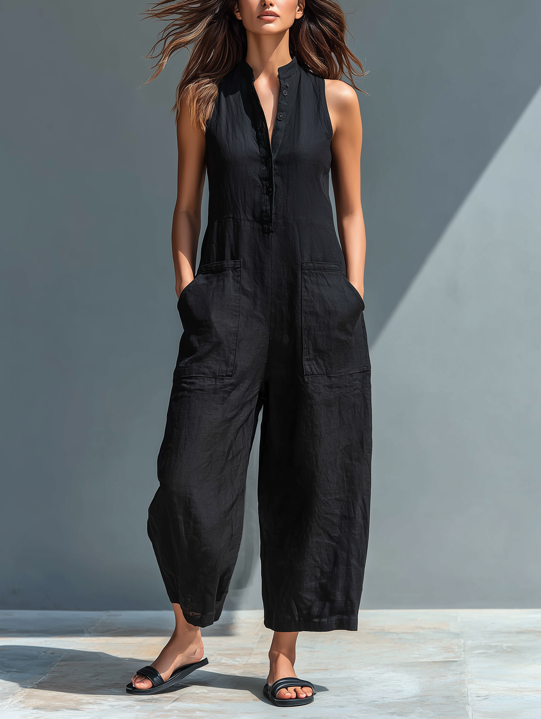 Silvia – Minimalist sleeveless dungarees in a linen blend