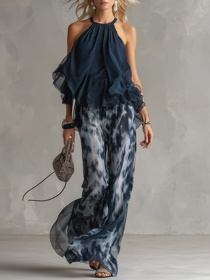 Ludovica – Elegant chiffon set with high-neck top & wide-leg trousers.