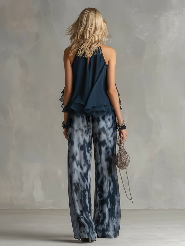 Ludovica – Elegant chiffon set with high-neck top & wide-leg trousers.