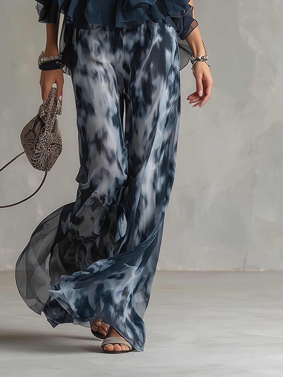 Ludovica – Elegant chiffon set with high-neck top & wide-leg trousers.