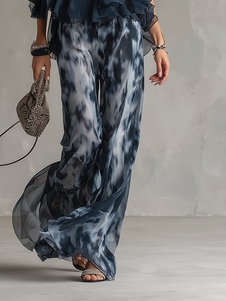 Ludovica – Elegant chiffon set with high-neck top & wide-leg trousers.
