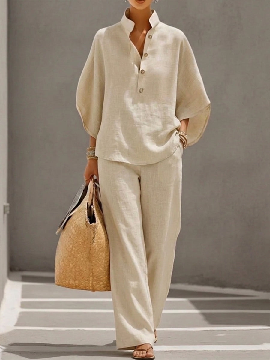 Marielle | Cotton and Linen Ensemble with Batwing Sleeves and Wide-Leg Trousers