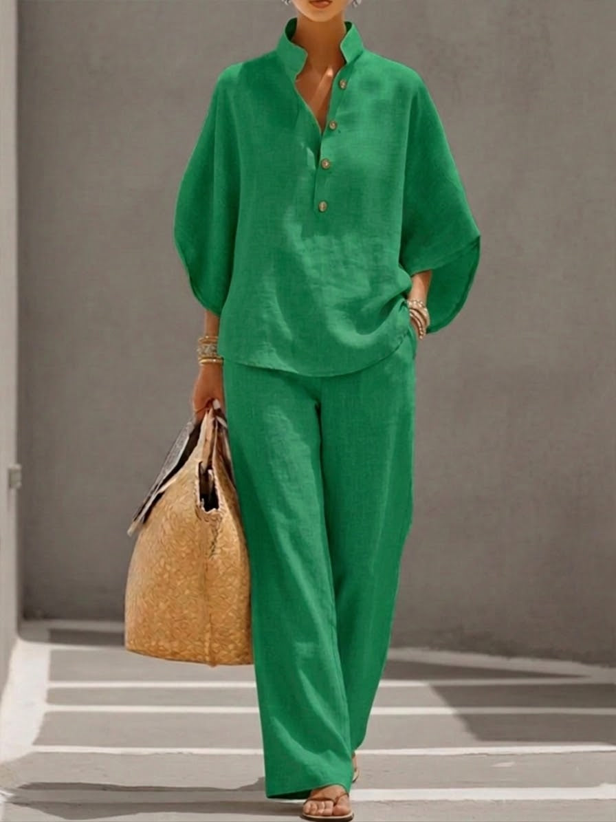 Marielle | Cotton and Linen Ensemble with Batwing Sleeves and Wide-Leg Trousers
