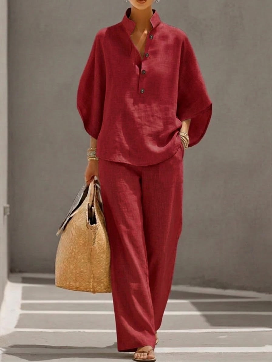 Marielle | Cotton and Linen Ensemble with Batwing Sleeves and Wide-Leg Trousers