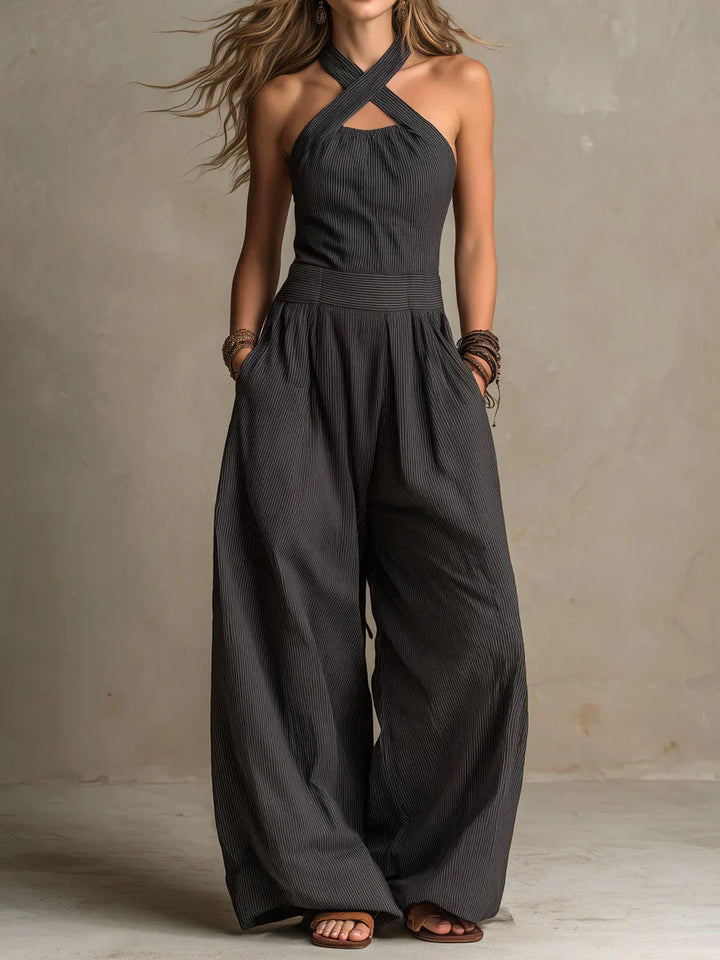 Bianca | Linen and cotton jumpsuit with an elegant crossover neckline