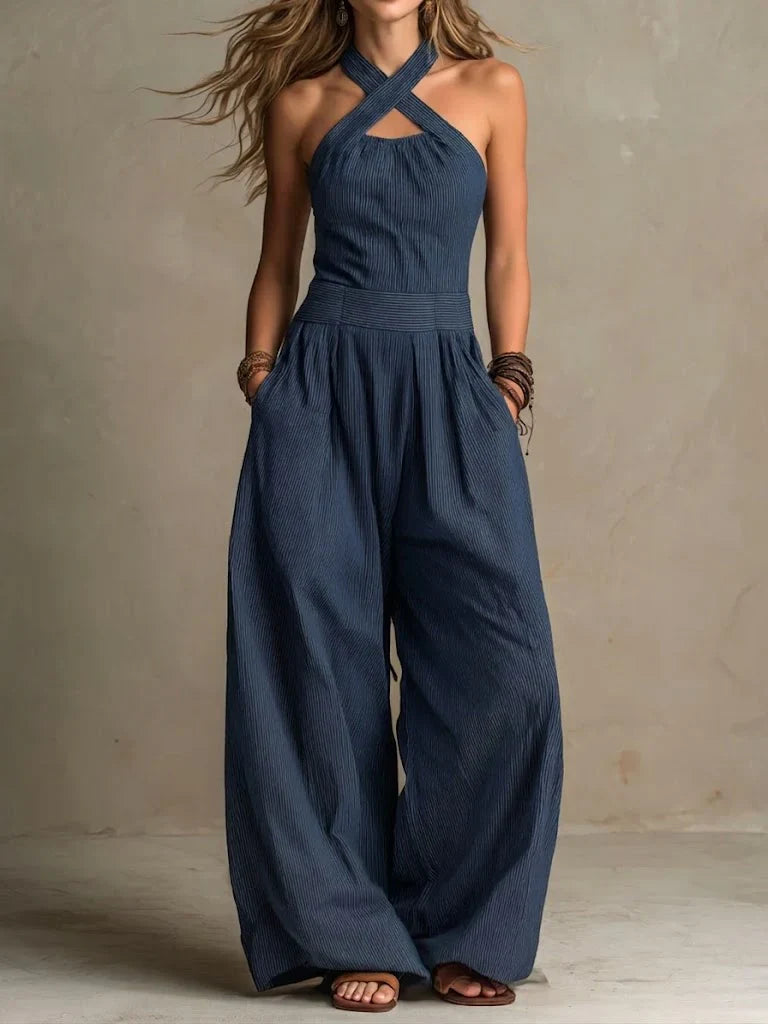 Bianca | Linen and cotton jumpsuit with an elegant crossover neckline