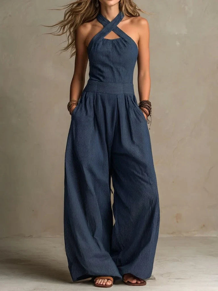 Bianca | Linen and cotton jumpsuit with an elegant crossover neckline