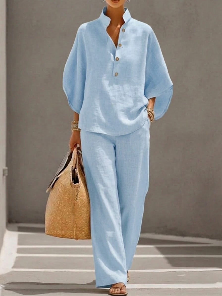Marielle | Cotton and Linen Ensemble with Batwing Sleeves and Wide-Leg Trousers