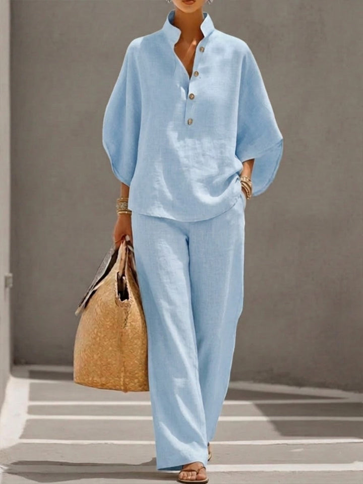 Marielle | Cotton and Linen Ensemble with Batwing Sleeves and Wide-Leg Trousers