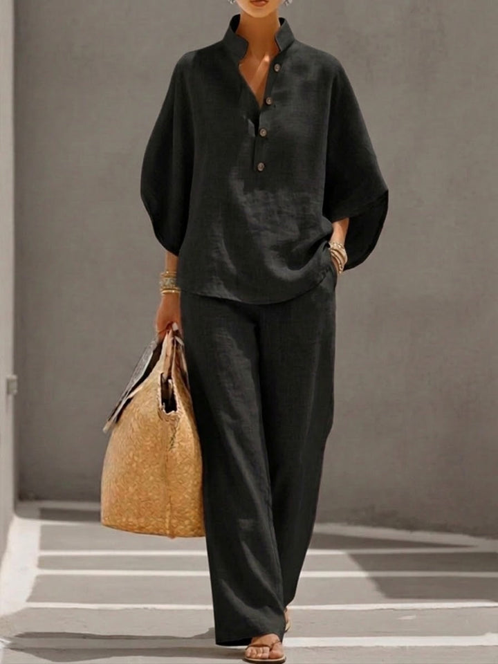 Marielle | Cotton and Linen Ensemble with Batwing Sleeves and Wide-Leg Trousers