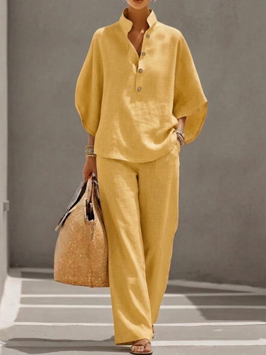 Marielle | Cotton and Linen Ensemble with Batwing Sleeves and Wide-Leg Trousers